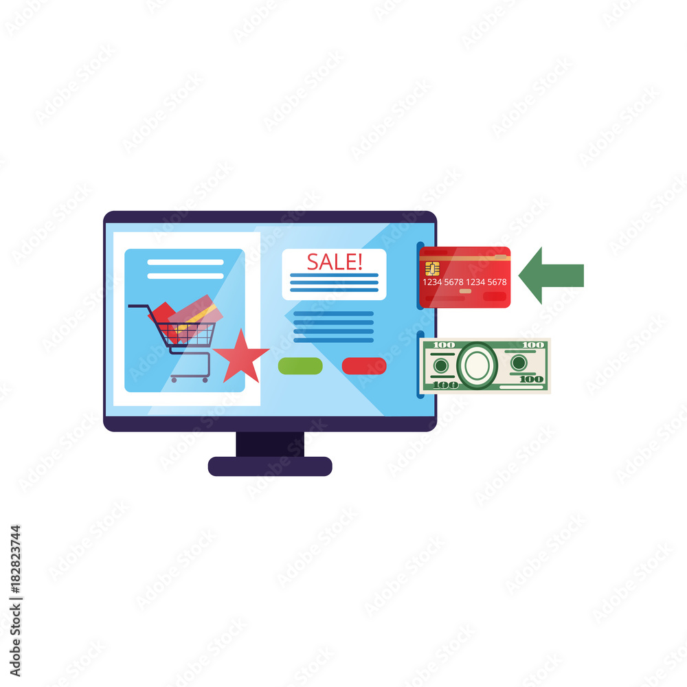 Computer monitor with internet store on screen with payment options plastic card and cash. Online shopping concept. Vector illustration. Flat icon design Computer monitor with internet store on screen with payment options plastic card and cash. Online shopping concept. Vector illustration. Flat icon design