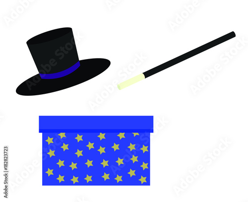 magician, magic wand blue bow with stars and wizard black hat isolated on white simple flat vector illustration