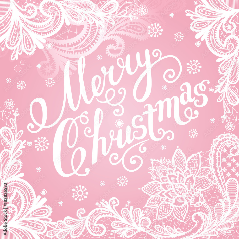 Christmas lace card with text. Vector illustration for Christmas theme. White lace on a pink background.