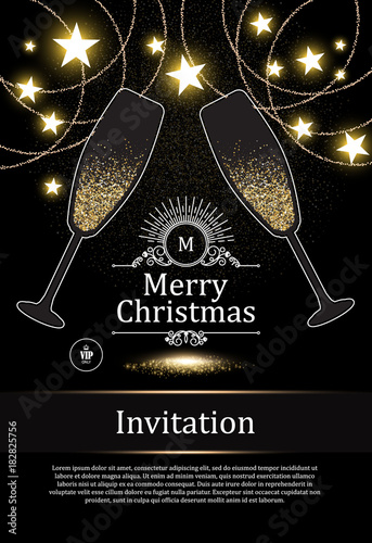 Christmas Design Template with Champagne Glasses, Gold Effects, Stars and Flash light. Vector illustration