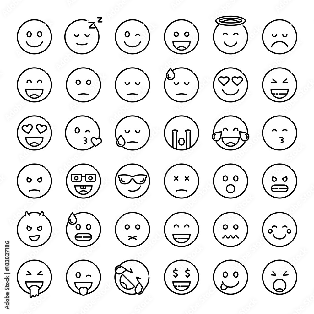 Set of cute smiley emoticons, outline design, vector illustration Stock ...