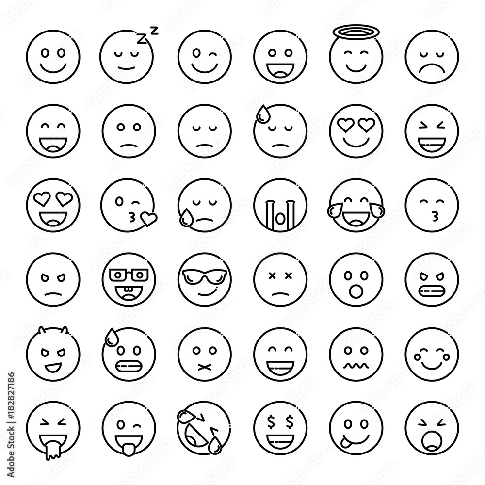 Set of cute smiley emoticons, outline design, vector illustration