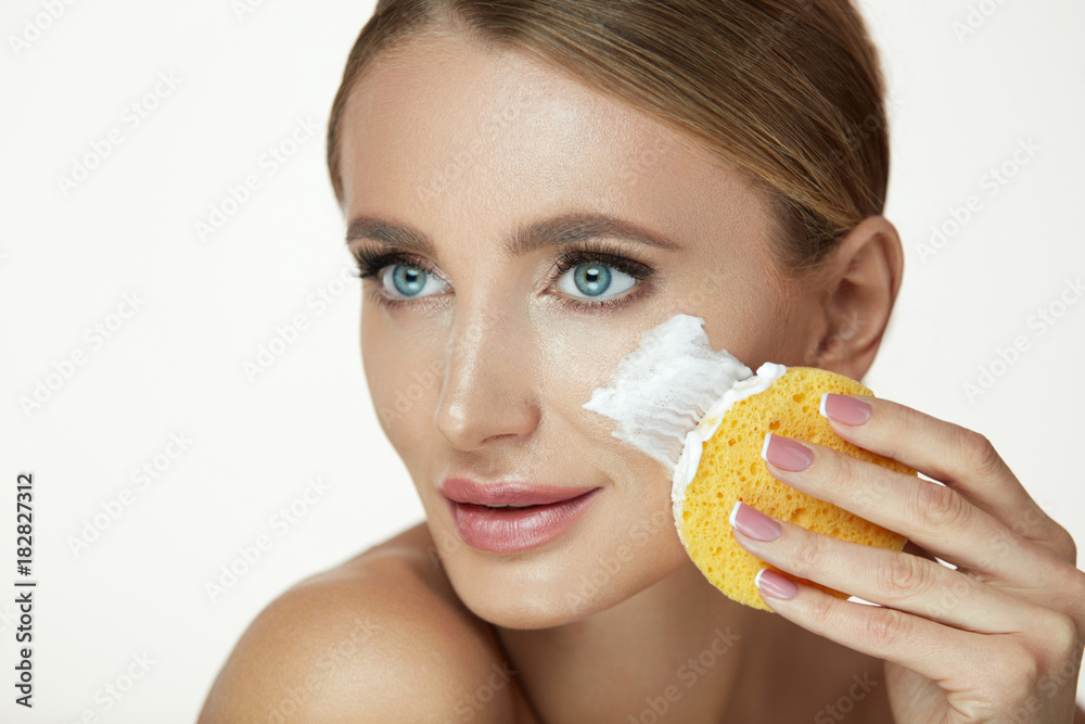 Beauty Face Care. Smiling Woman Cleaning Face With Facial Wash Beauty Face Care. Smiling Woman Cleaning Face With Facial Wash