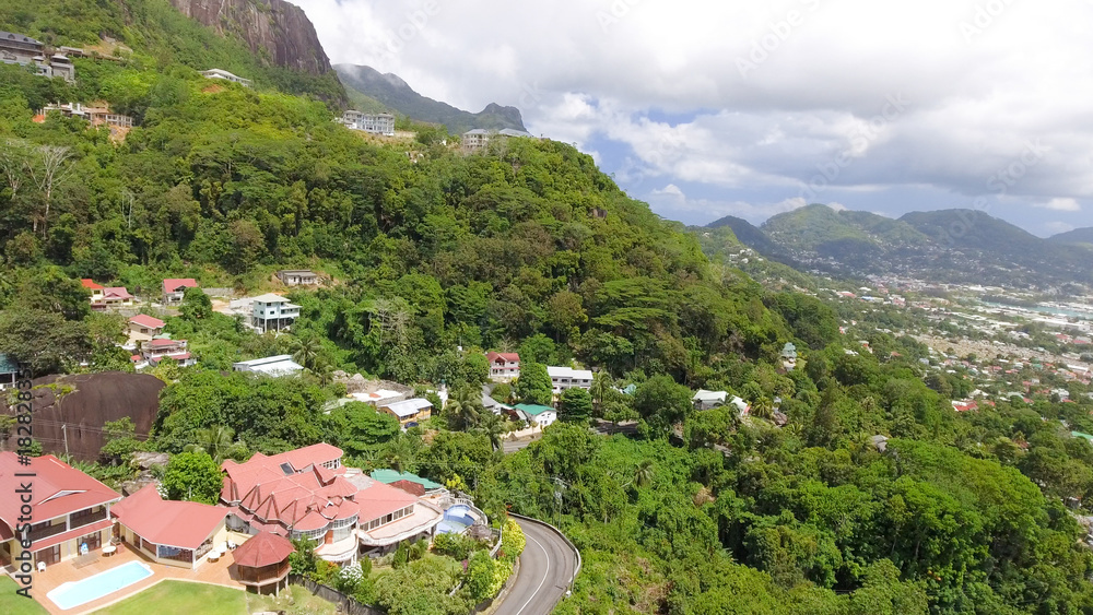 Aerial view of Mahe' mountains and coastline