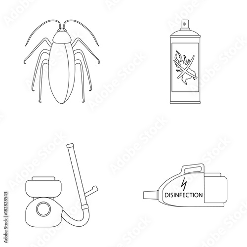 Cockroach and equipment for disinfection outline icons in set collection for design. Pest Control Service vector symbol stock web illustration.