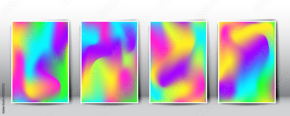Set of vector crazy holographic gradient templates. Empty blank rainbow templates for cover, presentation, brochure or background. Easy to modify and resize. Made using full vector gradient mesh tool