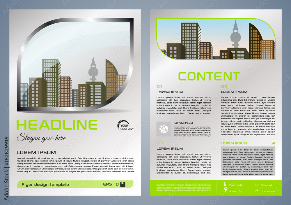 Vector flyer, corporate business, annual report, brochure design and cover presentation with metal window and green color