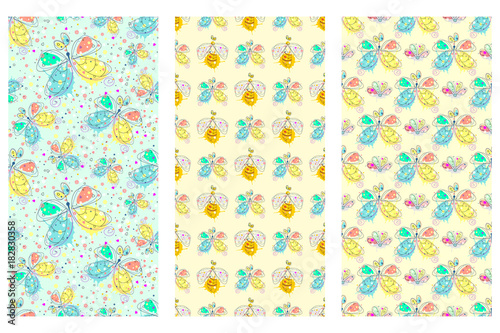 Vector seamless pattern with insect Hand drawn outline decorative endless background with cute drawn butterfly, wasp, flowers Graphic illustration. Line drawing. Print for wrapping, background, decor