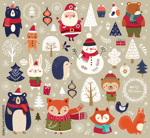 Christmas collection with cute animals: bear, fox, squirrel, bird, Santa Claus, Snowman and christmas decorative elements