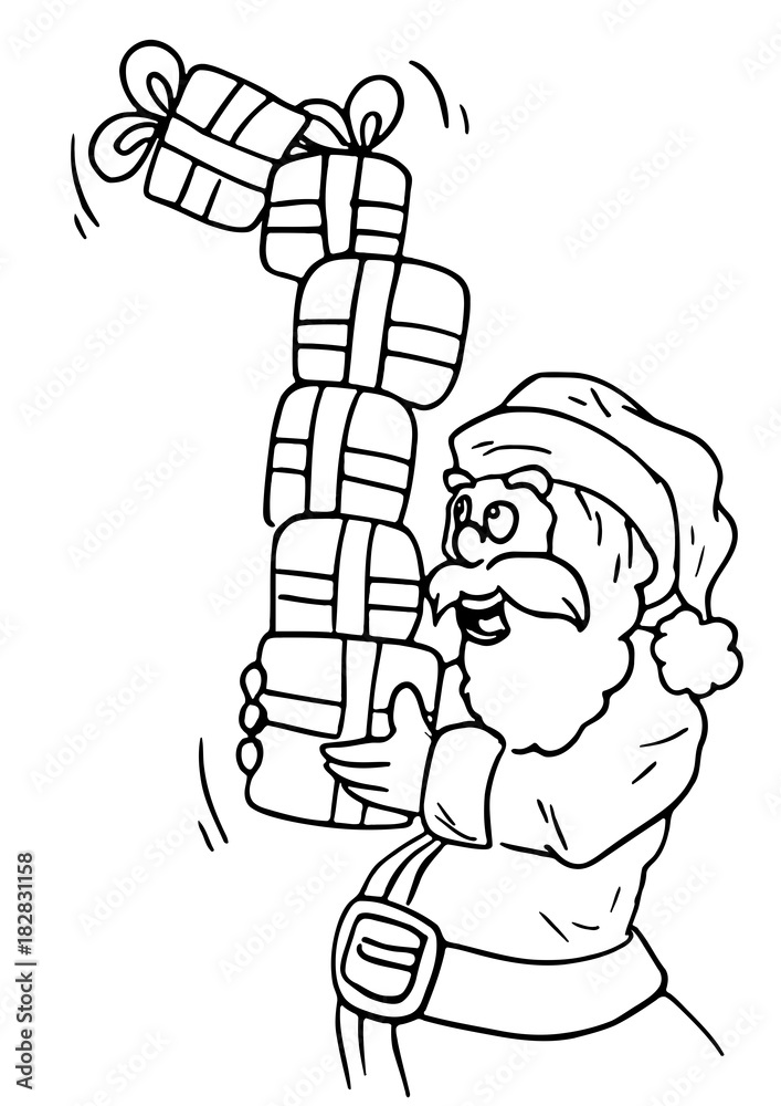 kerstman tekening met stapel cadeaus
