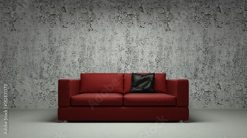 Rotes Sofa vor Grunge Wand
