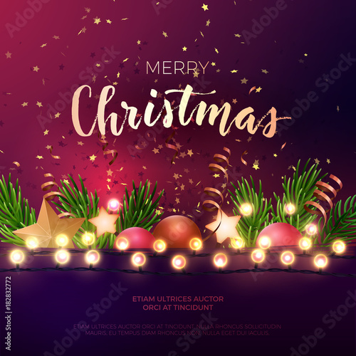 Festive Christmas and New Year vector party flyer or dinner invitation design with fir tree branches, gold confetti, xmas ornaments, glowing stars and light garlands.