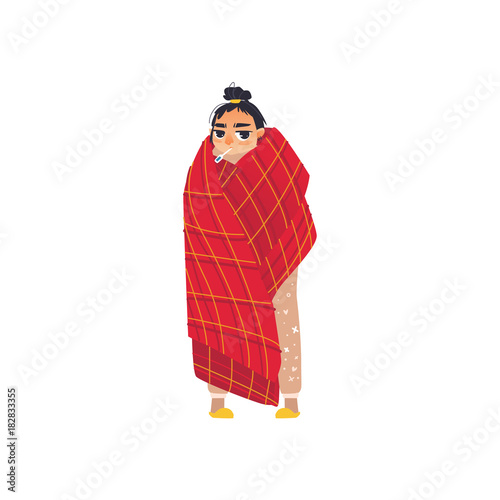 Woman having flu, fever, measuring temperature with thermometer, flat vector illustration isolated on white background. Full length portrait of girl, woman in pajamas with thermometer in mouth, flu