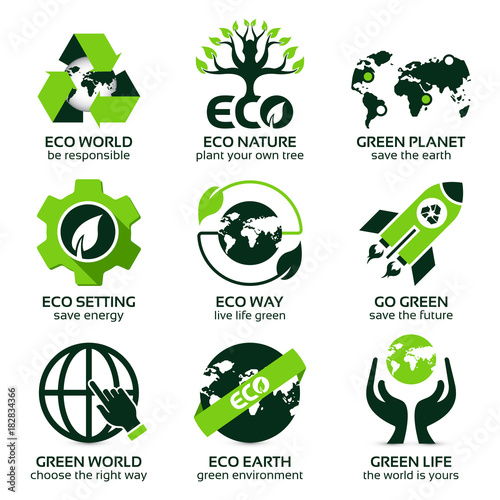 flat icon set for green eco planet, the globe in the first symbol is gradient, the drop shadow contains transparencies, eps10