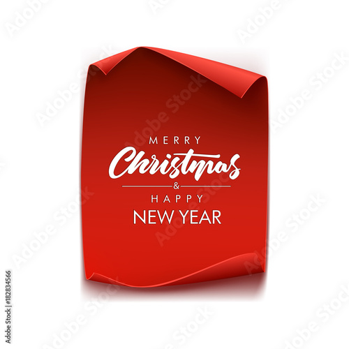 Merry Christmas, greeting card. Red, curved, paper banner on winter background