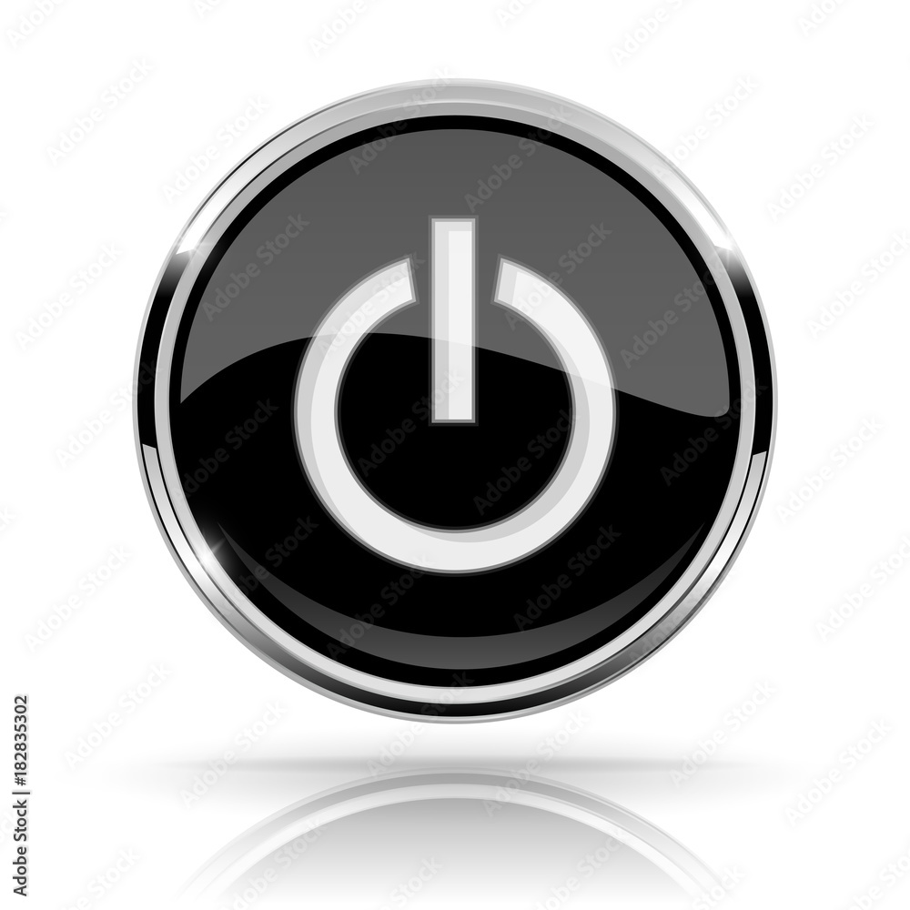 Black round media button. POWER button. Shiny icon with chrome frame and with reflection Black round media button. POWER button. Shiny icon with chrome frame and with reflection