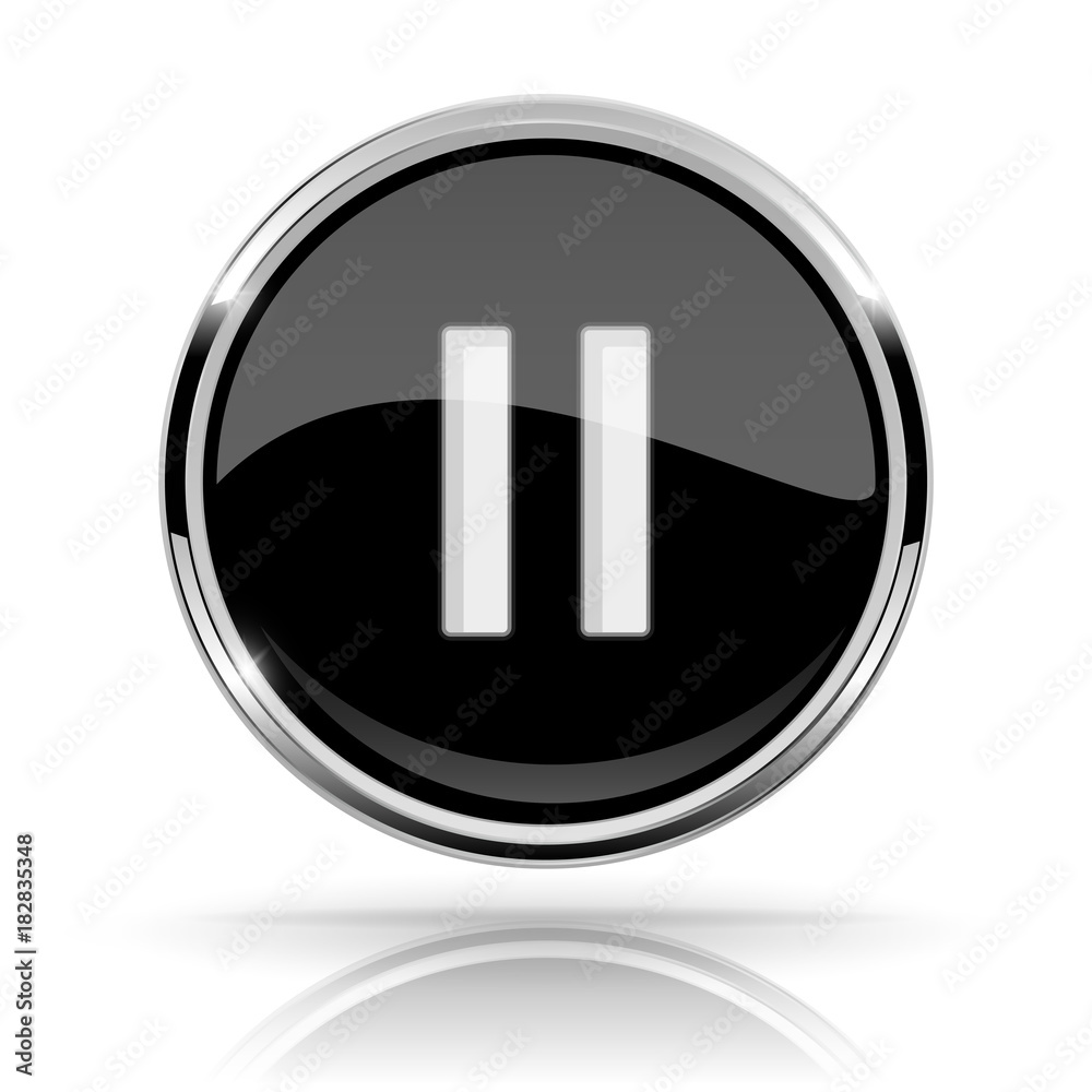 Black round media button. PAUSE button. Shiny icon with chrome frame and with reflection