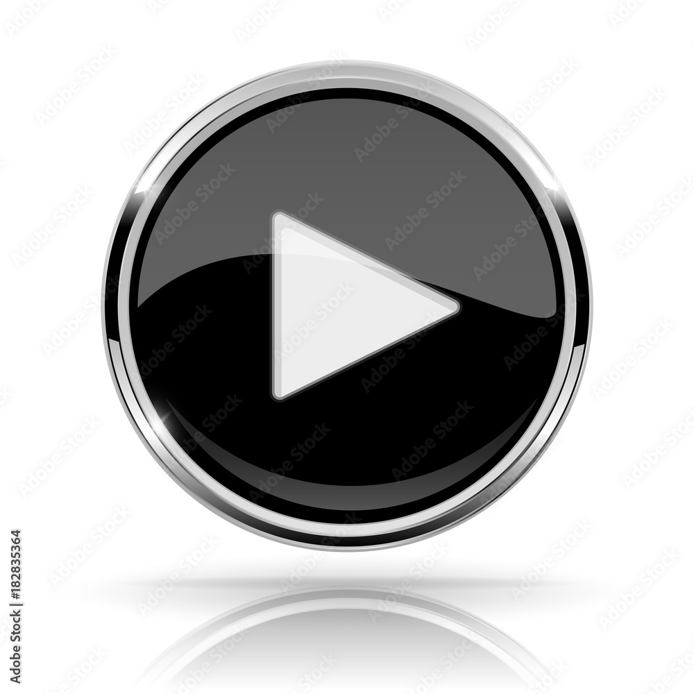 Black round media button. PLAY button. Shiny icon with chrome frame and with reflection Black round media button. PLAY button. Shiny icon with chrome frame and with reflection