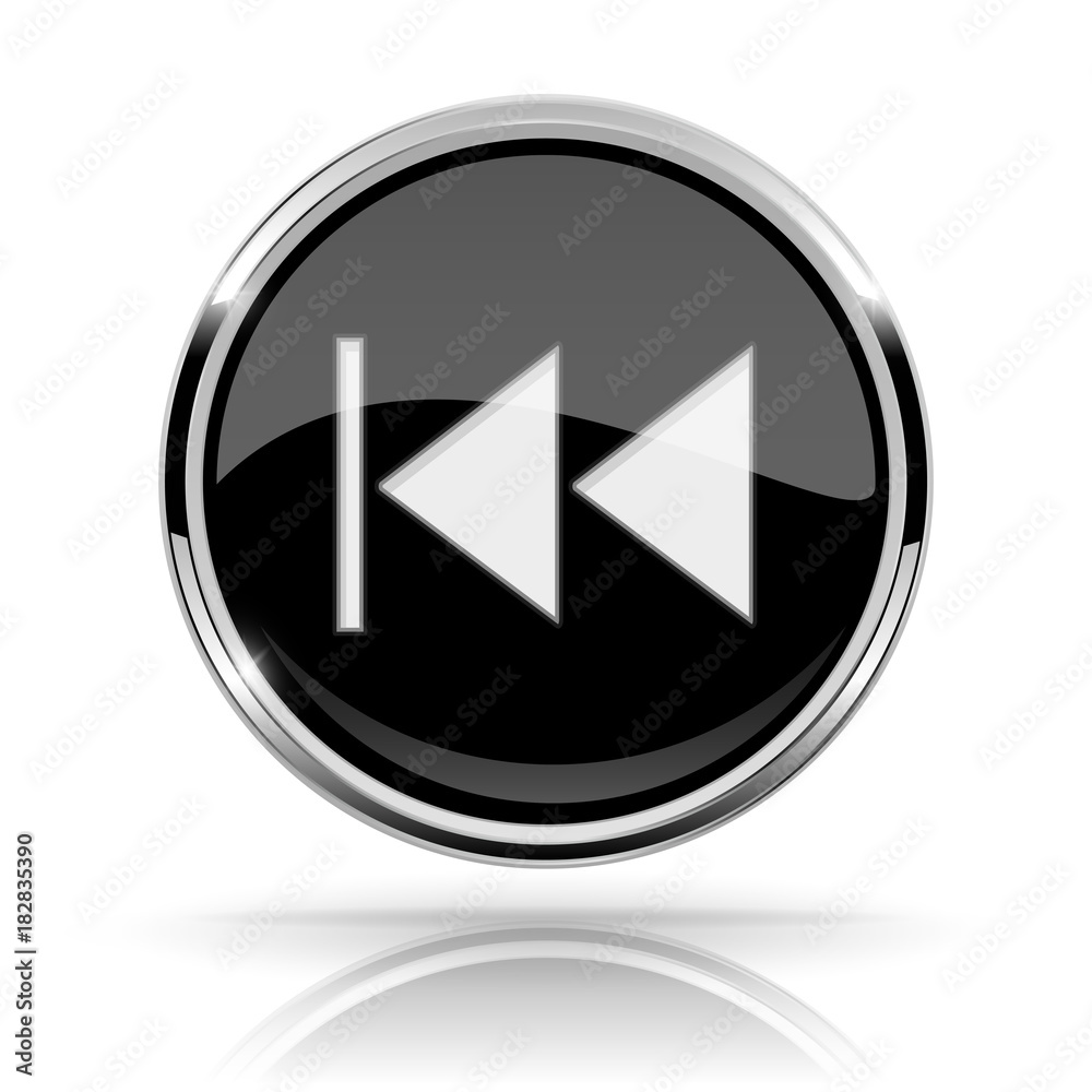 Black round media button. REWIND button. Shiny icon with chrome frame and with reflection Black round media button. REWIND button. Shiny icon with chrome frame and with reflection
