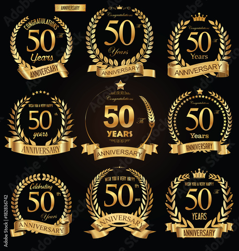 Anniversary golden retro laurel wreath vector illustration collection