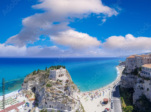 Tropea panoramic coastline and castle, aerial view of Calabria