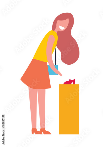 Smiling Woman Bying Shoes Vector Illustration