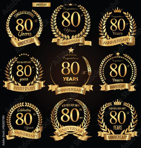 Anniversary golden retro laurel wreath vector illustration collection
