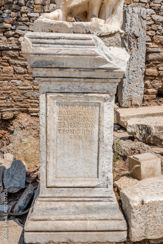 Ancient scripture on marble Ruins in Ephesus in Selcuk,Izmir,Turkey.