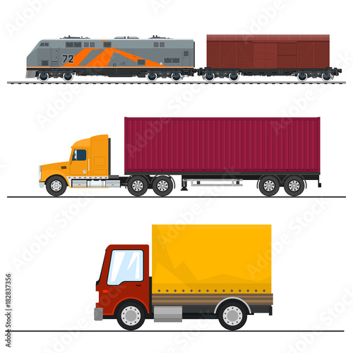 Set of Road and Railway Freight Transport, Truck and Delivery Van, Locomotive with Closed Wagon , Shipping and Freight of Goods, Transportation and Cargo Services, Vector Illustration