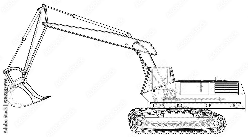 Excavator technical wire-frame. Vector rendering of 3d Excavator technical wire-frame. Vector rendering of 3d