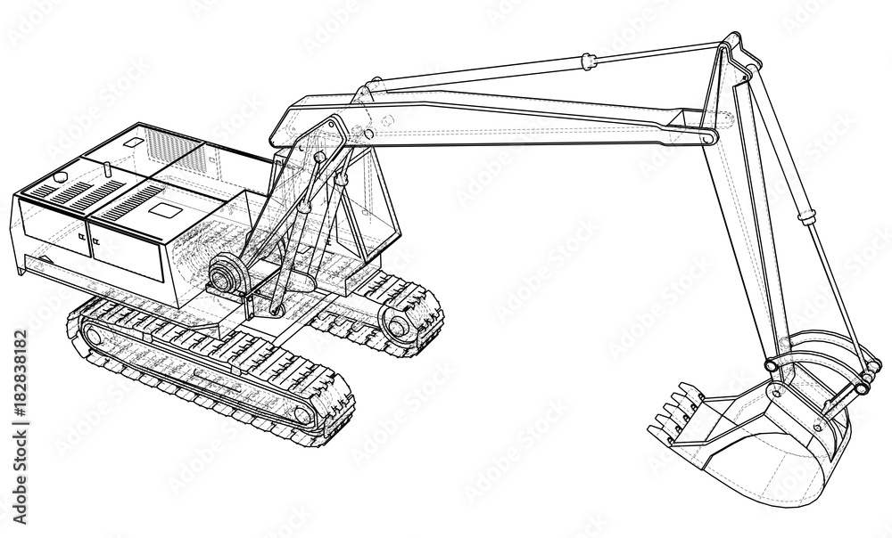 Excavator technical wire-frame. Vector rendering of 3d Excavator technical wire-frame. Vector rendering of 3d