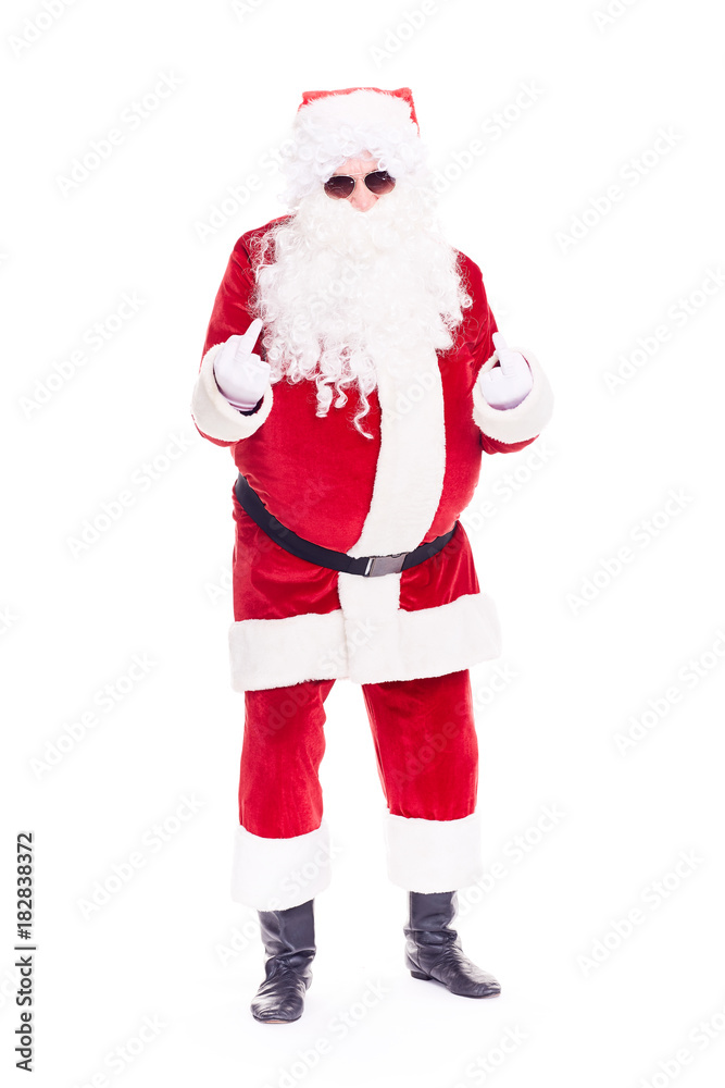 Portrait of cool Santa Claus in traditional costume wearing sunglasses on white background Portrait of cool Santa Claus in traditional costume wearing sunglasses on white background