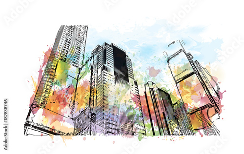 Watercolor splash with hand drawn sketch of Times Square, New York City, USA in vector illustration.