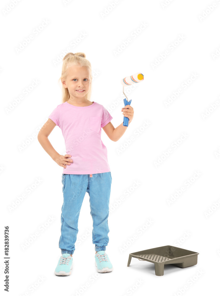 Cute little girl with paint roller on white background Cute little girl with paint roller on white background