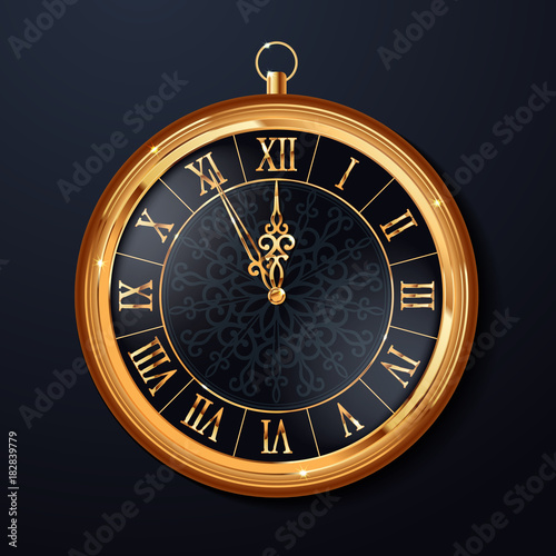 Vector 2018 Happy New Year background with gold clock on black