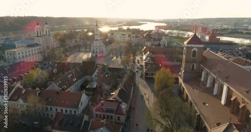 Aerial. Drone shot of Town Hall in Town Hall square in Kaunas, Lithuania, Spring photo