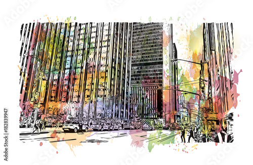 Watercolor splash with hand drawn sketch of New York City, USA in vector illustration.