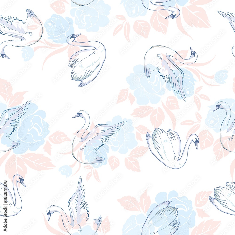 Seamless pattern with white swans. White swans on black background. Vector illustration.