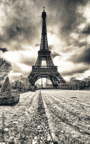 Infrared view of Eiffel Tower from Champs de Mars park  Paris