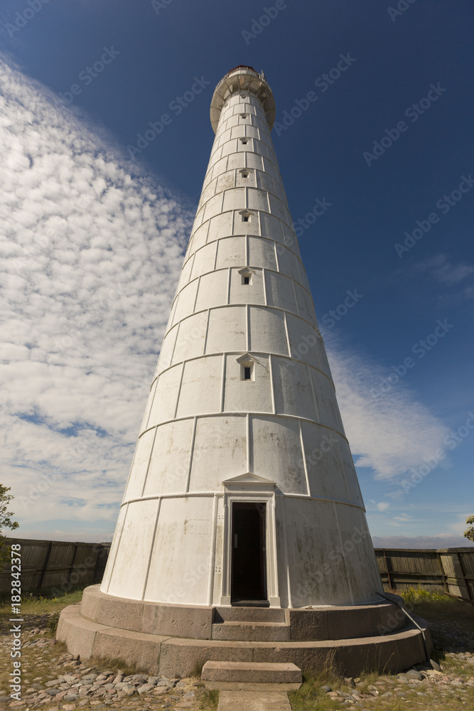 Tall and white Tahkuna lighthouse on Hiiumaa island, Estonia