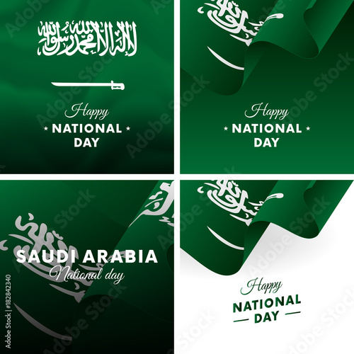 Banner or poster of Saudi Arabia National Day celebration. Super set. Waving flag. Vector illustration.