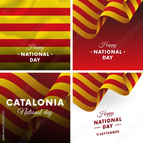 Banner or poster of Catalonia National Day celebration. Super set. Waving flag. Vector illustration.