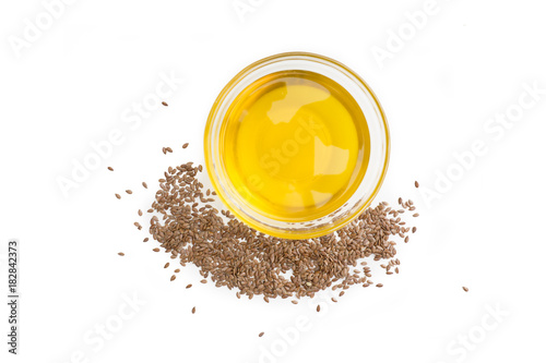 Flaxseed (Linseed) oil isolated on white bg, directly above