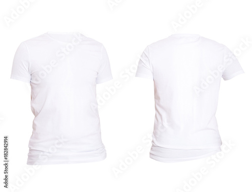 Close up of two white t-shirt isolated on white background. Mock up and copy space. Blank template shirt set.