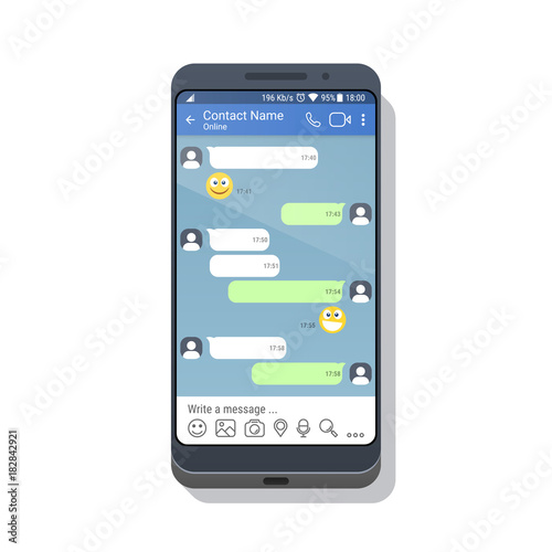 Smartphone with social network or messenger application template for mobile device. Chat or sms app interface concept. Vector illustration