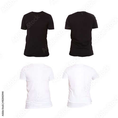 Close up of man blank black and white t-shirt isolated on white background. Mock up Shirts. Shirt set. Template