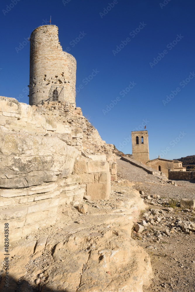 Tower and Santa Maria church in Guimera, LLeida province, Catalonia, Spain