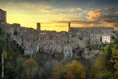 Tuscany, Sorano medieval village panorama sunset. Italy