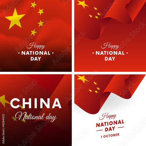 Banner or poster of China National Day celebration. Super set. Waving flag. Vector illustration.