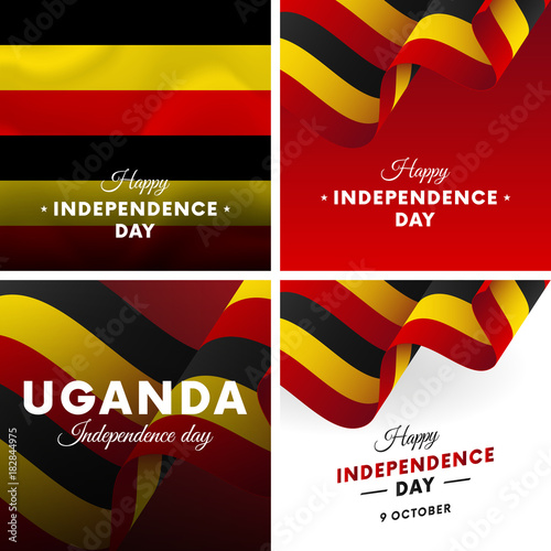 Banner or poster of Uganda independence day celebration. Super set. Waving flag. Vector illustration.